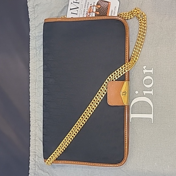 DIOR VINTAGE 1980S DIORISSIMO BLK CANVAS/LEATHER CHAIN FLAP CLUTCH/SHOULDER BAG - Picture 10 of 17